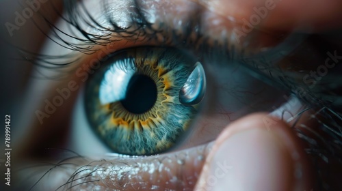 Close-up of placing a lens on the iris of the eye with precise finger placement in ophthalmology