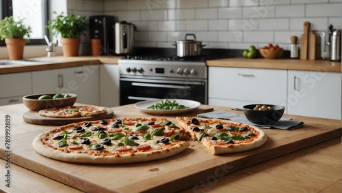 Close-up-of-countertop-in-kitchen-with-pizza-and-wooden-boards--remote-working--start-up-business--food--drink--interior--design-and-domestic-life-concept