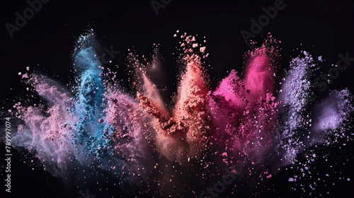 Colorful powder explosion in dark background: vibrant blue, teal, pink, and white hues in dynamic, dispersed cloud-like formations.