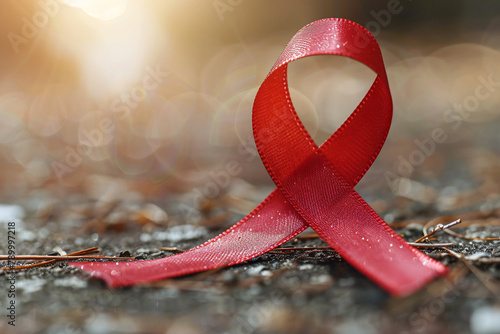 Red ribbon on textured background. AIDS awareness symbol for World AIDS Day concept. Design for healthcare, support campaign, and social solidarity