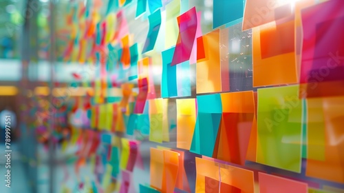 Colorful paper notes on glass wall. Office planning, creativity concept