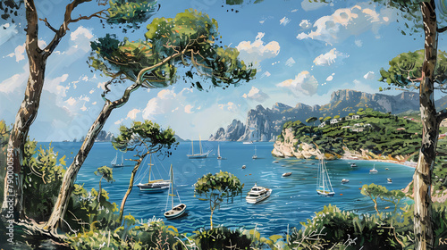 panoramic view of the sea with boats and Capri in the background, lush green pine trees on both sides of the water body, blue sky with a few clouds, the sea is azure