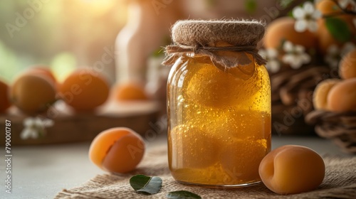 Apricot jam in a clear jar with fresh apricots, isolated on a white backdrop