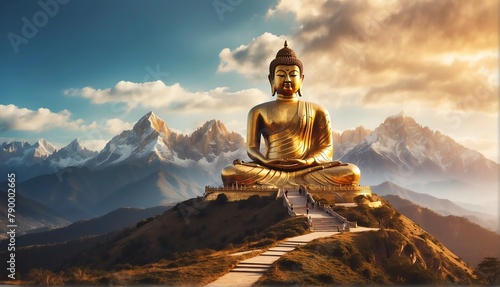 magical mountain top landscape with giant gold buddha statue from Generative AI