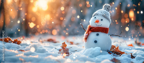 A snowman with a scarf and hat stands in the snow next to some fallen leaves, with the snow and leaves creating a beautiful contrast, Winter Concept