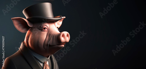 Gentleman, the boss is a fat pig, a piglet in a hat, suit and tie. Banner header. AI generated.