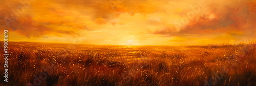 immerse yourself in the golden hues of a sunset over a tranquil meadow