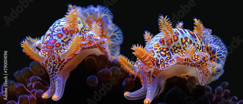 A pair of exotic sea slugs displaying intricate patterns and colors on black background