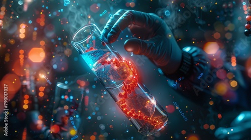 a scientist holding medical testing tubes or vials filled with pharmaceutical research samples, including blood cells and a virus cure. Illustrate the use of DNA genome sequencing biotechnology.