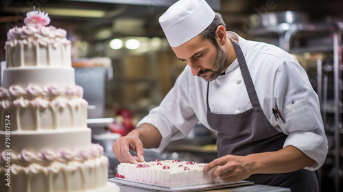 Un chef pâtissier décore méticuleusement un gâteau de mariage à plusieurs étages dans une cuisine de boulangerie professionnelle. La pièce est remplie d'ustensiles de pâtisserie JO de PARIS 2024.