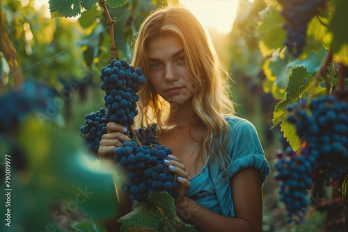Dedicated female worker carefully picking ripe grapes in vineyard