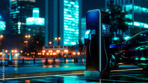 EV charging station for electric car in concept of green energy and eco power, big city blur background