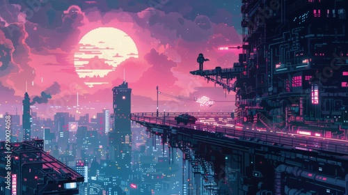 Illustrate a futuristic utopia where extreme sports reign supreme using pixel art Experiment with innovative lighting to create a mesmerizing scene that combines adrenaline and serenity,