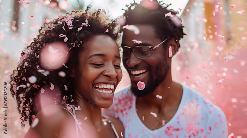 Romantic Valentine's Day. Black Loving Couple Amidst Pink Confetti. Happy Woman and Man.