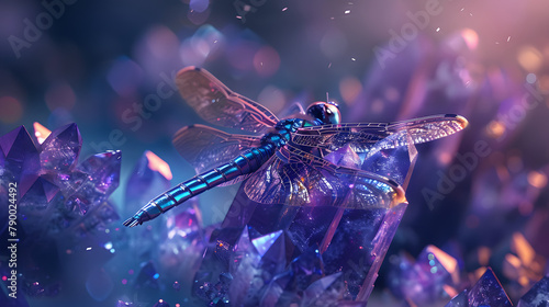 A dragonfly with metallic colors resting on the tip of a mysterious. luminous indigo and violet crystal cluster. 