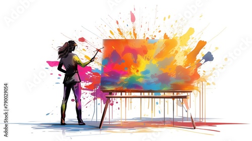 Illustration of a female artist painting a colorful easel on a white background