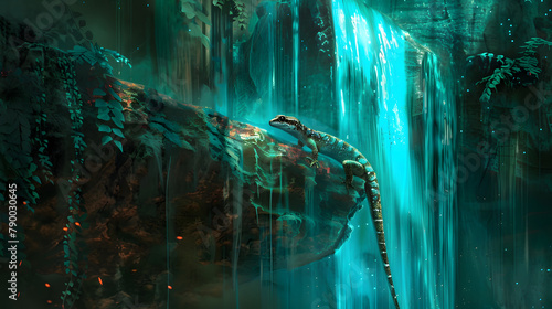 A gecko with tropical colors clinging to the side of an otherworldly. glowing teal and turquoise waterfall. 