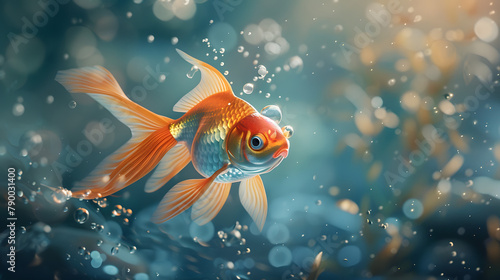 A goldfish donning a crown of bubbles and clutching a pebble. with its fins fluttering