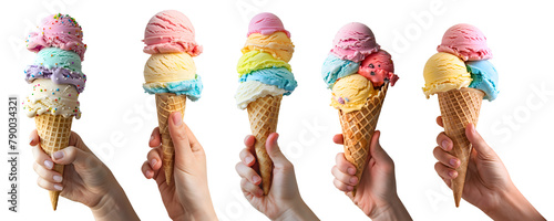 Collection of hand holding pastel rainbow Ice cream double triple scoop, on waffle cone on transparent background cutout, PNG file. Many different flavour Mockup template for artwork design. 