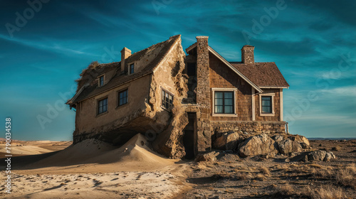 House constructed on the sand vs house constructed on a rock. Parable of the wise and foolish builders. Gospel of Matthew. Hearing Jesus' teachings and putting them into practice. Blue sky