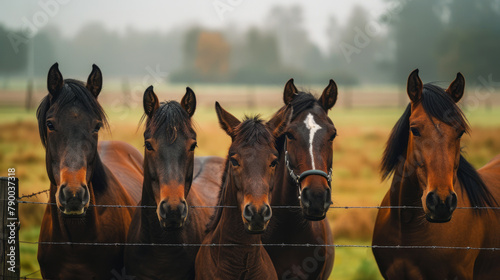 Row of Horses with Diverse Coats Standing Together at Fence in Countryside