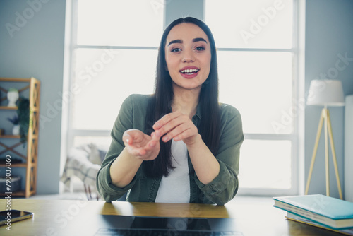 Photo of gorgeous young lady communicate video call laptop desktop wear shirt spacious modern office home indoors