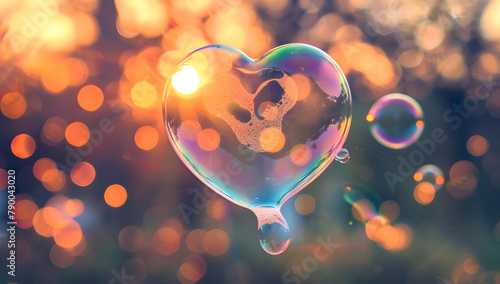 A heart shape soap bubble floating with sunset on background.