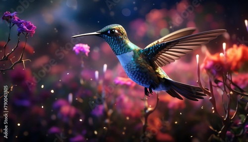A hummingbird is flying in a garden full of flowers.