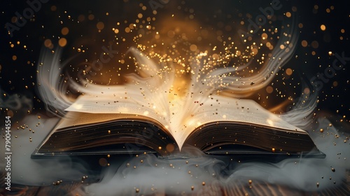 A book with white paper flipped open, no text in the book, flap in the air, golden magic sand particles, inhale many suspended papers. Generative AI.