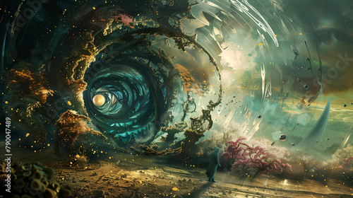 A large, swirling vortex of space with a person standing in the middle of it. The scene is filled with a sense of wonder and mystery as if the viewer is being pulled into a vortex
