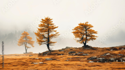 Larch trees on a foggy autumn day in the mountains.