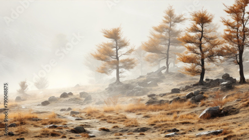 Foggy morning in the mountains. Autumn landscape with pine trees.