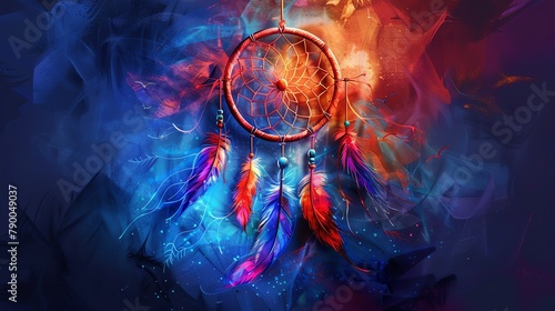 Clipart of a mystical dreamcatcher in watercolor style featuring vibrant hues and flowing designs.