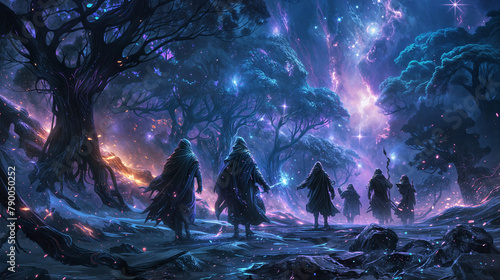 Group of fantasy adventurers walking through a mystical forest at night