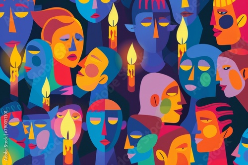An artistic representation of Vaskrs, showcasing faces united in solemn observance with candlelight.