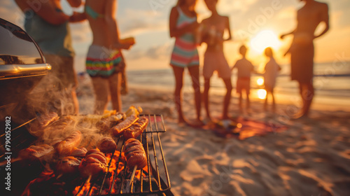 A family barbecue on the beach, with children grilling hot dogs and enjoying the sunset atmosphere. , natural light, soft shadows, with copy space