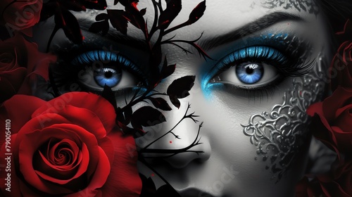 Digital art of a surreal, symmetrical face, eyes replaced with contrasting roses, one dark and mysterious, the other bright and inviting