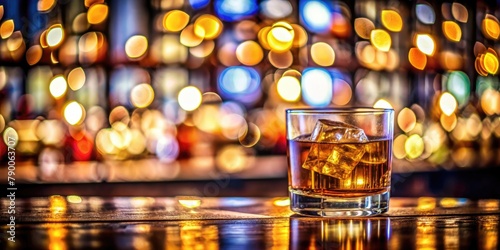 Whiskey or cocktail on a bar counter with blurred bokeh in background