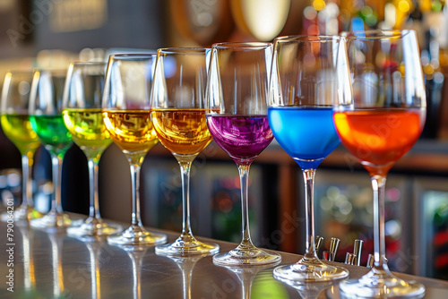 Colorful Wine Glasses Displayed on a Restaurant Bar Counter. Perfect for Elevating the Atmosphere