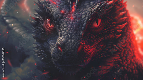 A detailed view of a menacing black dragon with striking red eyes
