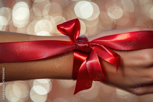 A close-up of an arm with a red ribbon bow, symbolizing blood donation.