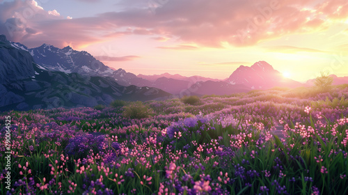 beautiful lavender purple flower meadow with sunrise in the mountains