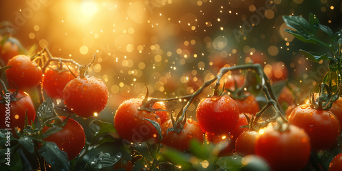 A cluster of ripe tomatoes growing on a tree in a garden banner