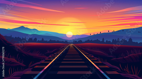 illustration of adorable train railroad track landscape with sunset and mountains 