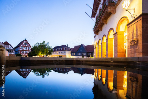 View of an old town, half-timbered houses and streets in a city. Seligenstadt am Main, Hesse Germany