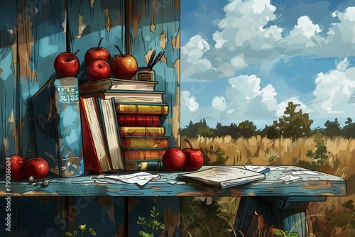 There is an open book among the books on the shelves and on the table, fruits are scattered, and outside the window the autumn landscape with the sky, clouds, trees and flowers inspires and pacifies