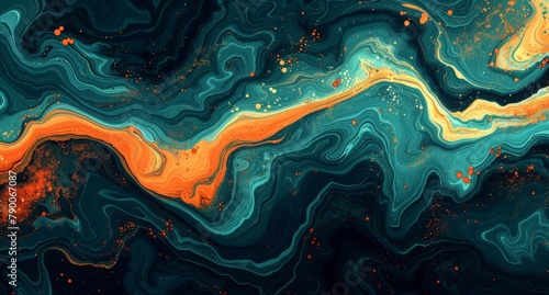 Vibrant swirling abstract painting with orange, blue, and black hues on a dark background