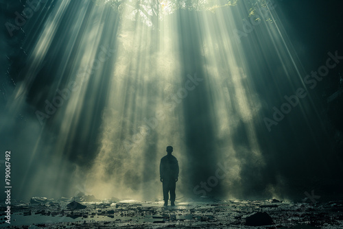 A man standing in the middle of a forest clearing with sunlight filtering through the trees
