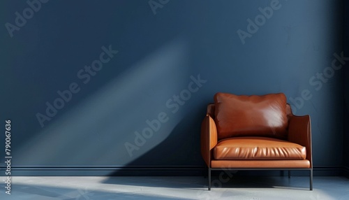 Stylish living space with sleek leather armchair against blue wall.