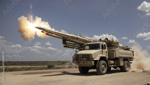 A multiple rocket launcher mounted on a truck is firing rockets.
